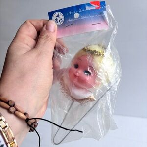 Vintage Christmas Angel Doll Pick Ornament 5x2 Inch Gold